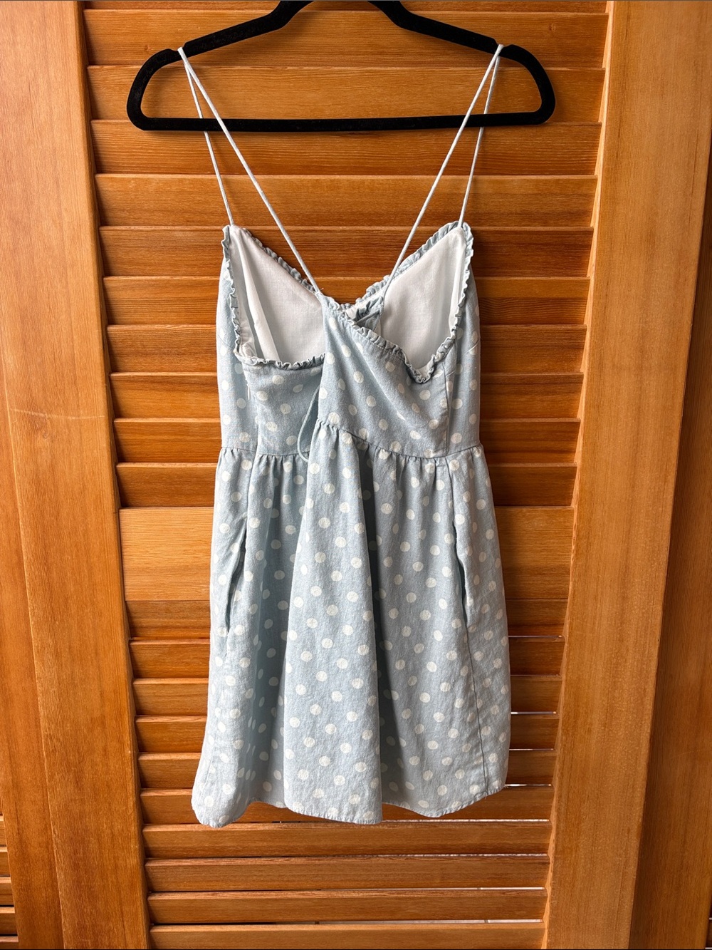 Zara Light Blue Polka Dot Spaghetti Strap Dress with Lace-Up Front and pockets - Picture 2 of 8